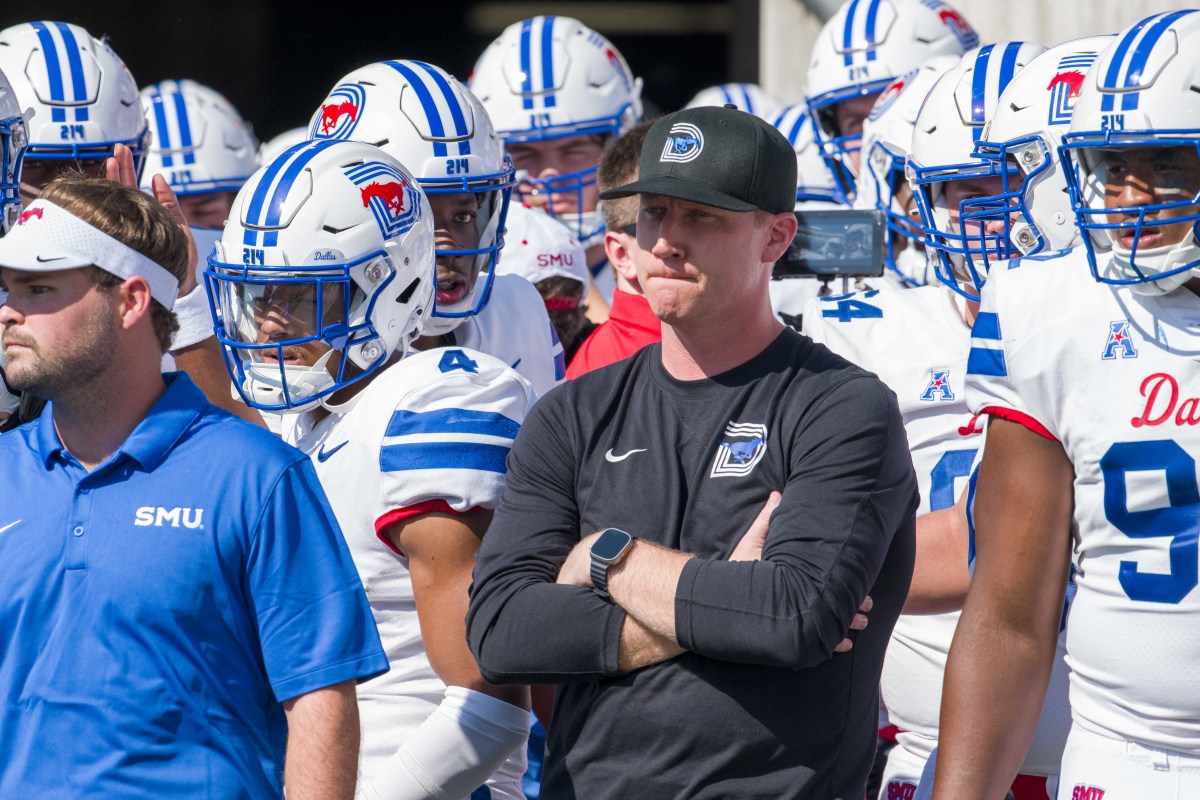Sep 23, 2023; Fort Worth, Texas, USA; SMU Mustangs head coach Rhett Lashlee prepares to lead his team on to the field to face the TCU Horned Frogs at Amon G. Carter Stadium. Mandatory Credit: Jerome Miron-USA TODAY Sports